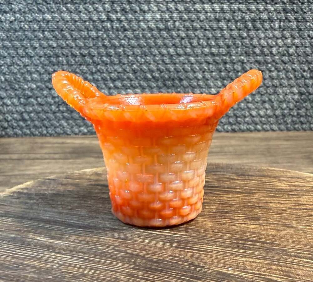Boyd Orange Slag Glass Basket Weave Toothpick Holder with Handles